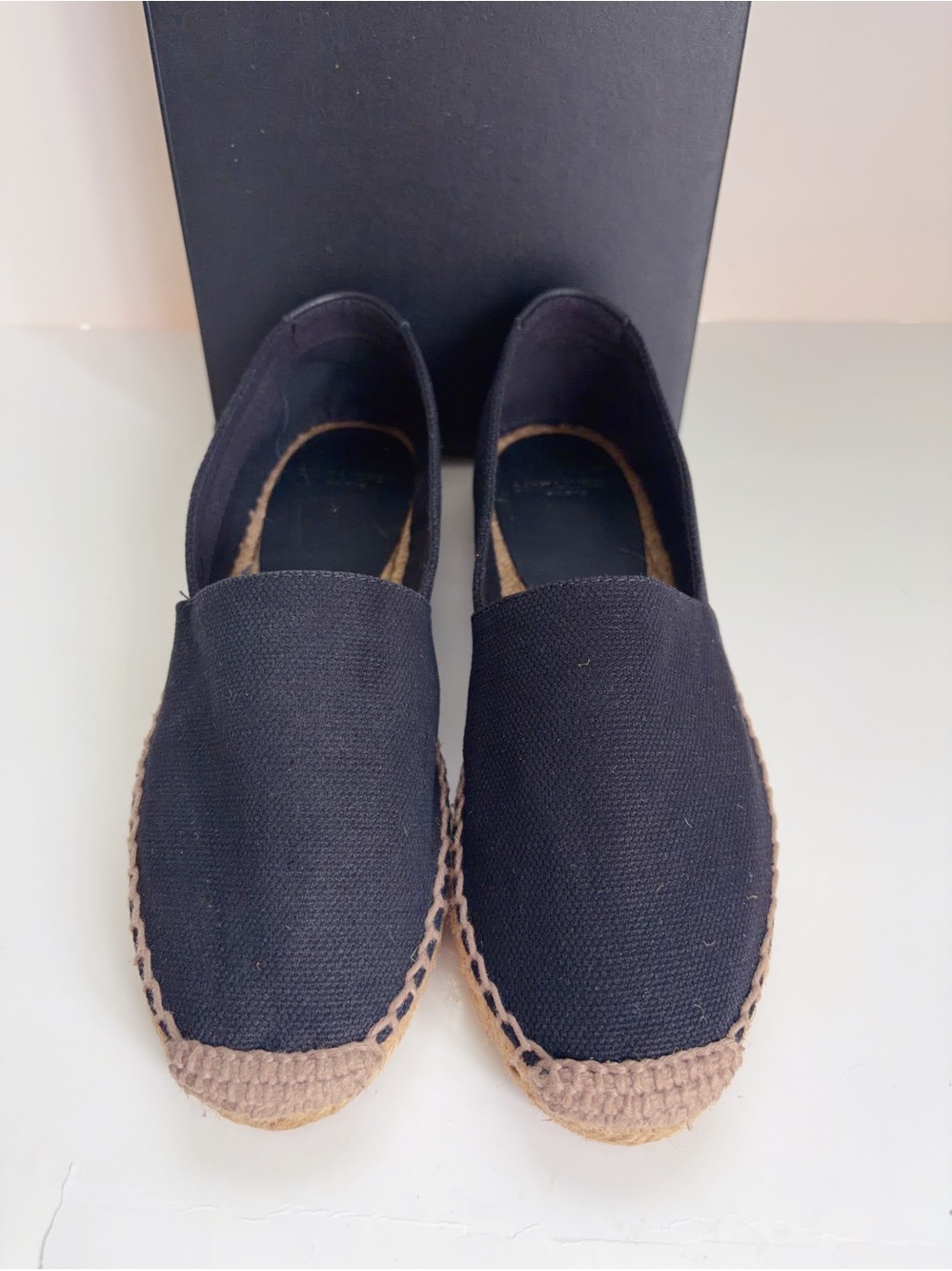 Saint Laurent Black Canvas Espadrille Slip-Ons with Brown Jute Trim